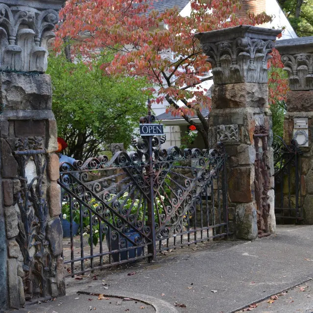 Ellerslie Farm entrance with wrought iron gate at MacCallum More Museum & Gardens in Chase City VA