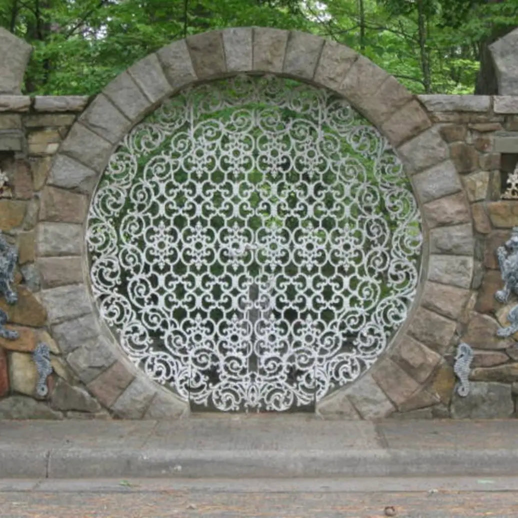 Stone moon gate with decorative ironwork at MacCallum More Museum & Gardens in Chase City VA
