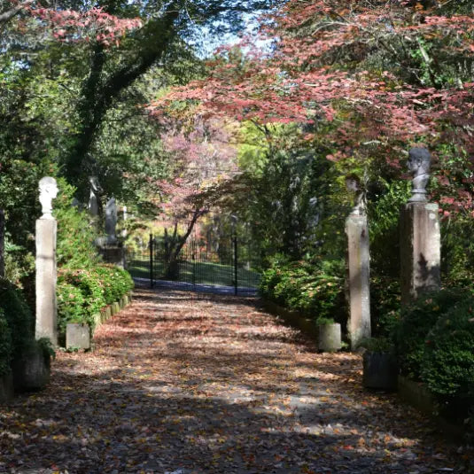 Morton Mews stone columns lining a garden pathway at MacCallum More Museum & Gardens in Chase City VA