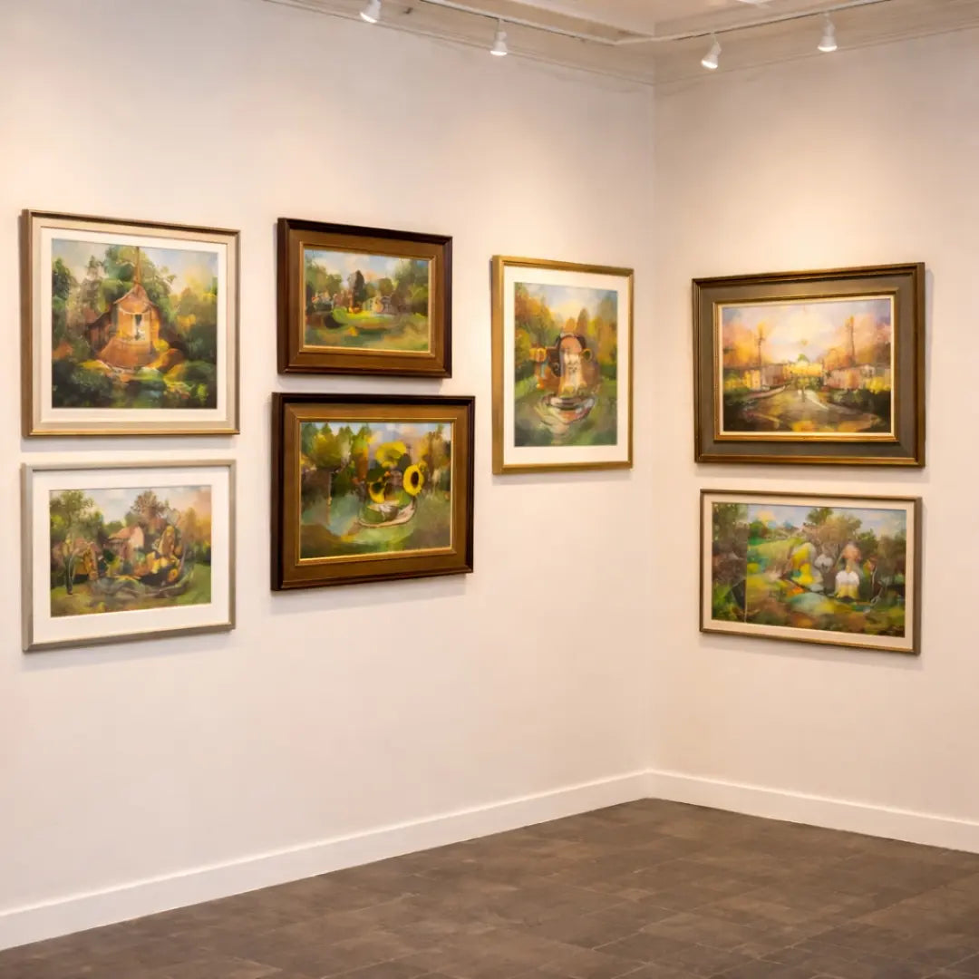 Curated rotating art exhibition displayed on white gallery walls at MacCallum More Museum & Gardens in Chase City VA